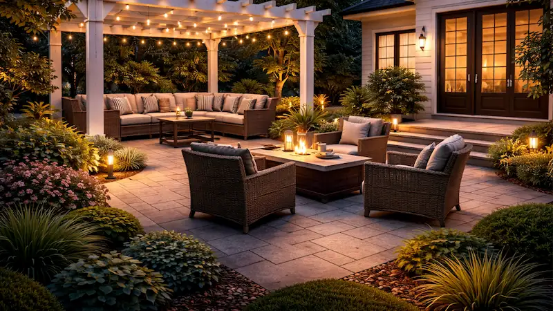 Professional backyard lighting by an outdoor lighting company in Charlotte creating a warm and usable outdoor space at night