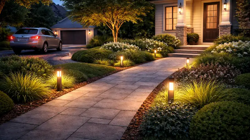 Clean pathway lighting installed by an outdoor lighting company in Charlotte for safe and clear night visibility