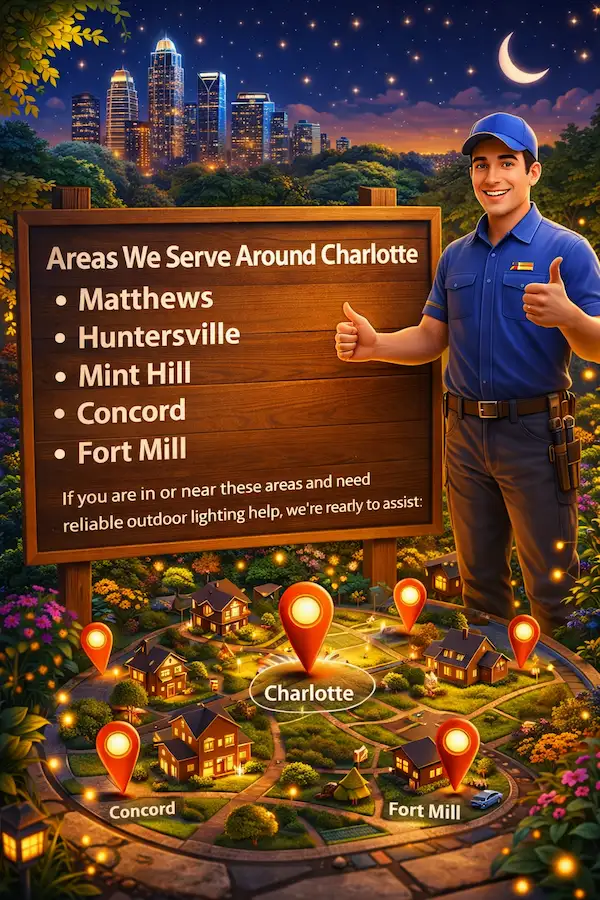 Technician working on outdoor lighting system in Charlotte with pathway lights and garden lighting at night