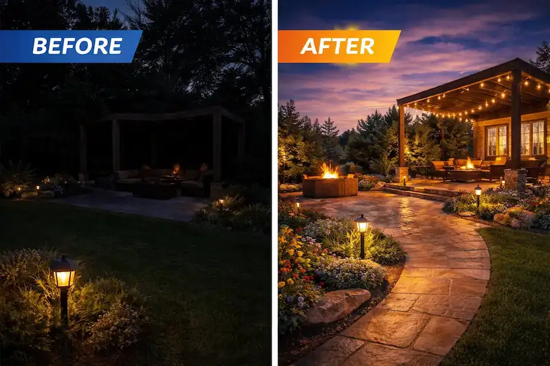 Before and after outdoor lighting in Charlotte NC showing transformation from dark landscape to well-lit home exterior with pathway and garden lighting
