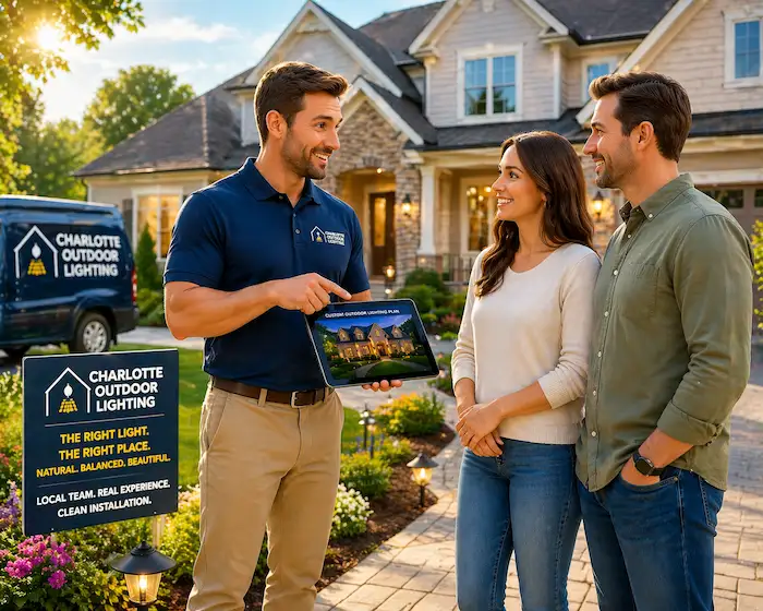 Professional outdoor lighting installed by a trusted outdoor lighting company in Charlotte, enhancing home safety, curb appeal, and nighttime visibility