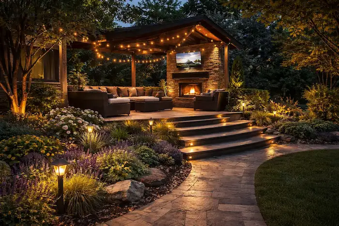 Outdoor garden lighting in Charlotte NC with warm landscape lights highlighting plants and pathways at night