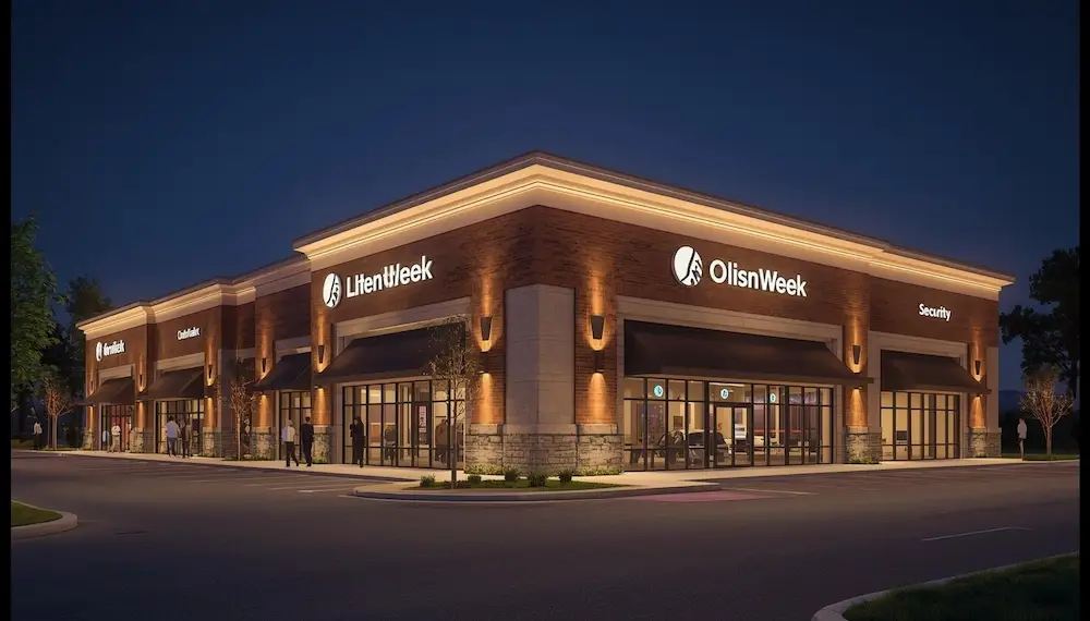 Charlotte Commercial Lighting for Business Entrance Professional commercial outdoor lighting Charlotte service improving entrance visibility for a business property at night.