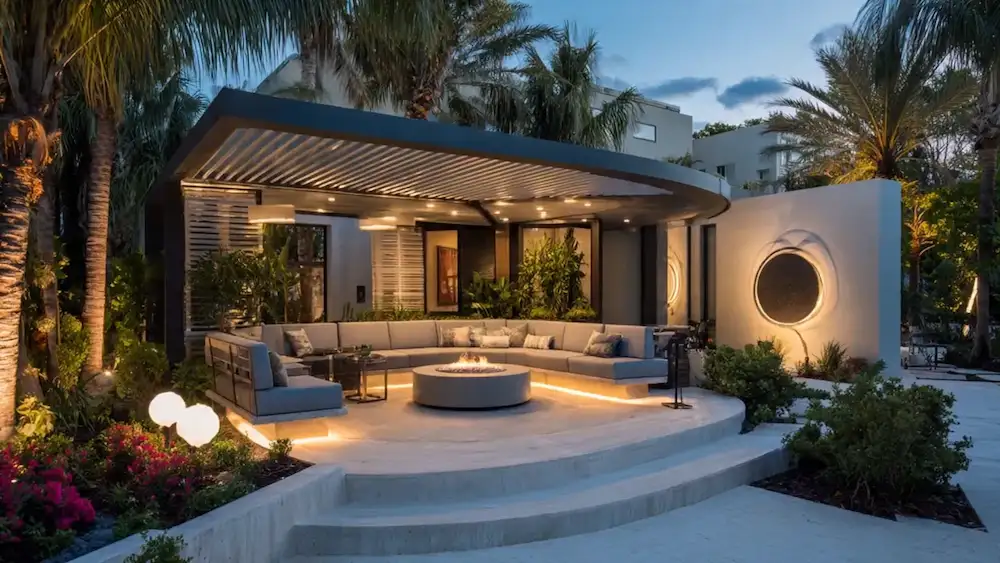 Backyard outdoor lighting in Charlotte NC with illuminated seating area and landscape lights at night