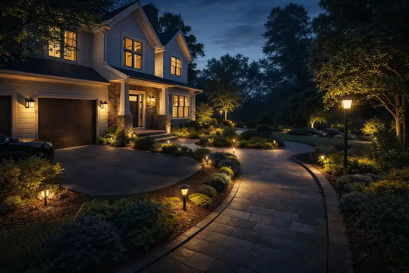 Outdoor lighting installation in Charlotte for a home exterior, walkway, and entry area.