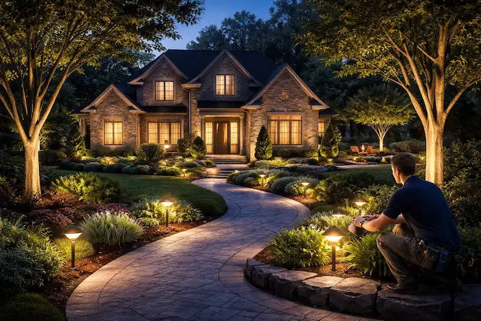 Outdoor Lighting Contractor Charlotte Home Exterior Outdoor lighting contractor in Charlotte installing warm exterior lights for a residential home.