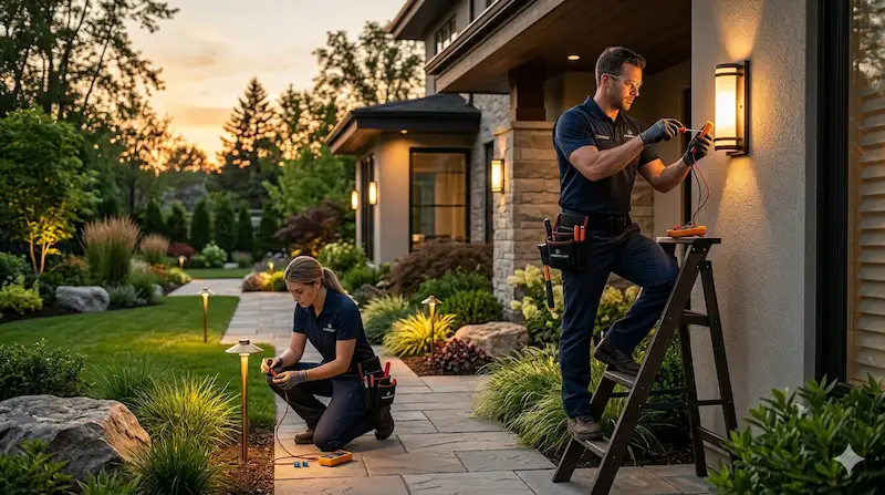 Outdoor lighting repair in Charlotte fixing broken fixtures and restoring proper lighting around a home.