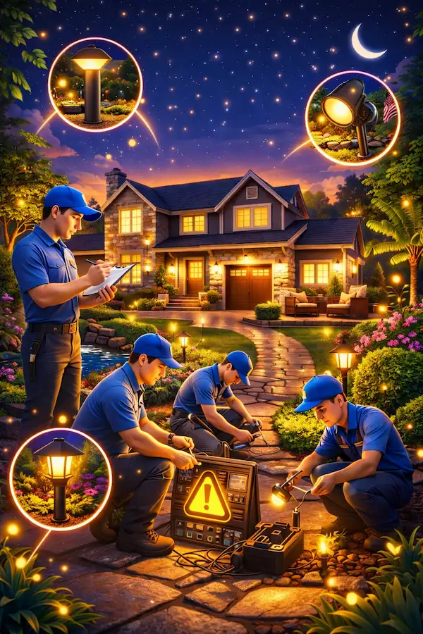 Professional outdoor lighting services in Charlotte NC with pathway, garden, and landscape lighting for homes at night
