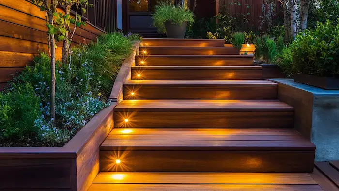 Outdoor stair lighting in Charlotte NC with LED step lights improving safety and visibility at night