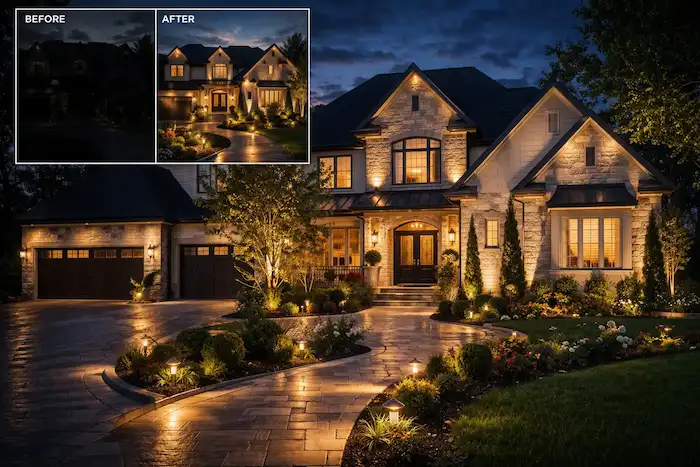 Before and after outdoor lighting comparison in Charlotte NC showing transformation of home exterior with landscape lighting