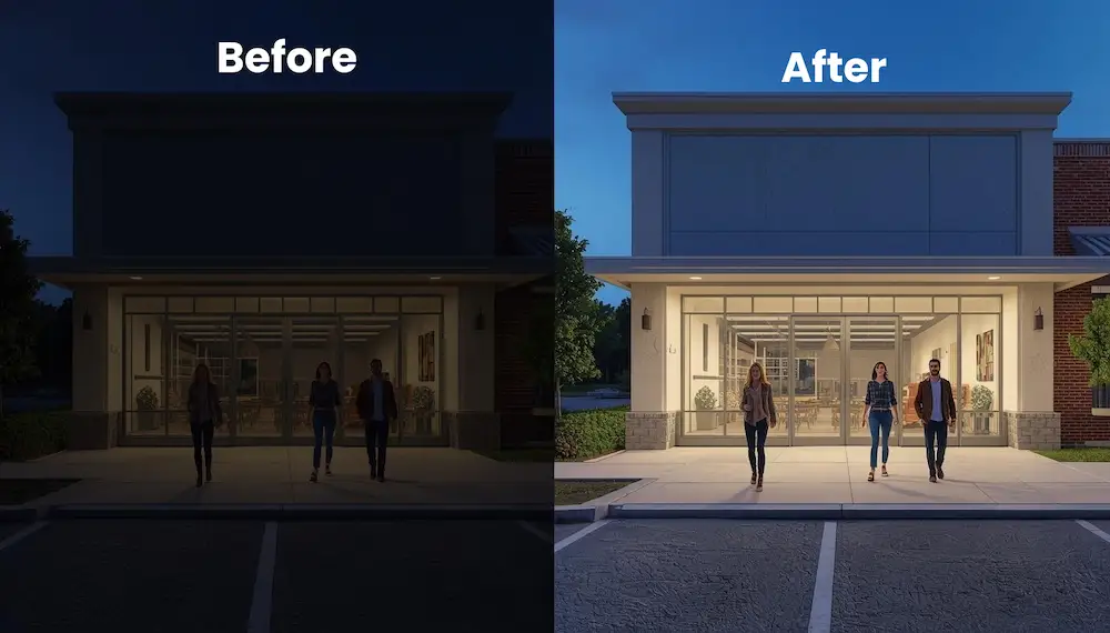 Exterior Building Lighting for Commercial Properties Commercial outdoor lighting Charlotte creating a clean and professional look for building exteriors at night.