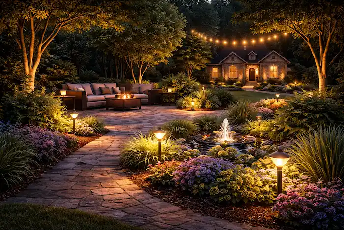 Backyard Lighting Contractor Charlotte Backyard lighting contractor in Charlotte creating a safe and comfortable outdoor space for evening use.