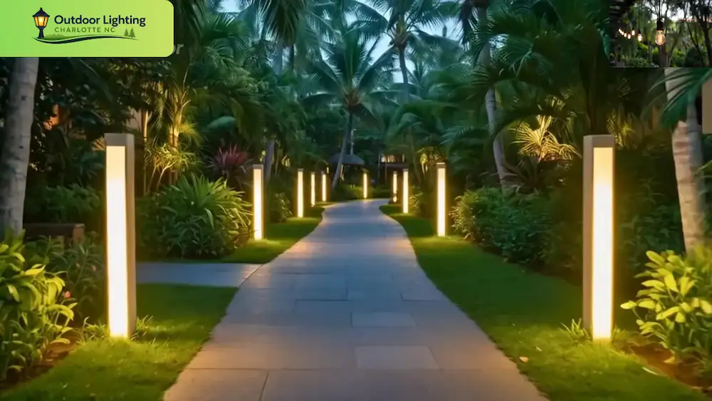 Professionally installed landscape lighting in Charlotte highlighting a front walkway and garden path.