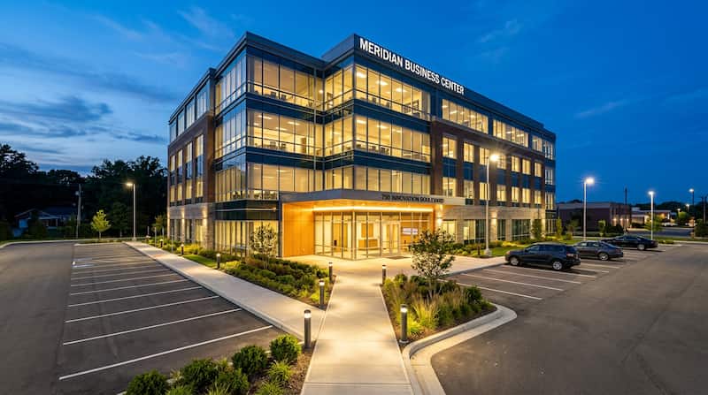 Services 7 Outdoor lighting installed at a commercial building entrance and parking area in Charlotte