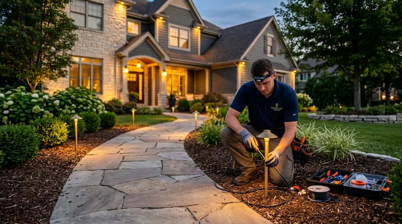 Services 2 Technician installing outdoor lighting along a home pathway in Charlotte