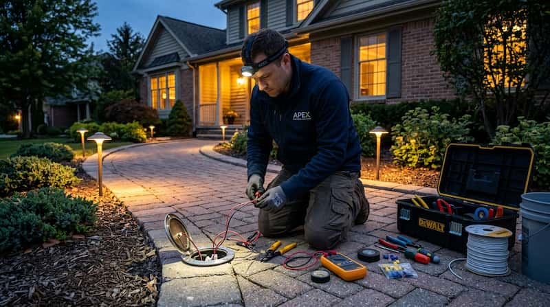 Services 3 Technician repairing outdoor lighting and fixing pathway lights at a Charlotte home