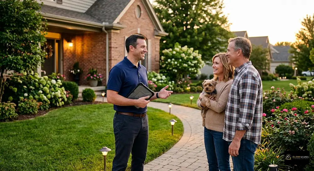 Outdoor lighting professional consulting homeowner in Charlotte NC front yard at golden hour