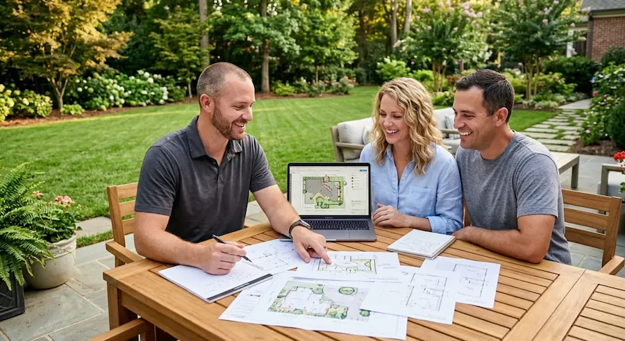 Outdoor lighting designer reviewing custom landscape lighting plan with Charlotte NC homeowner