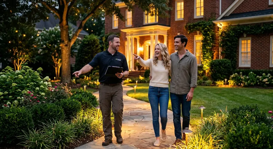Homeowner and lighting professional reviewing installed outdoor landscape lighting at dusk in Charlotte NC